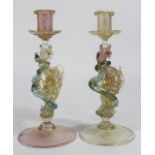 Pair Venetian Gilt Pink & Green Glass Candlesticks