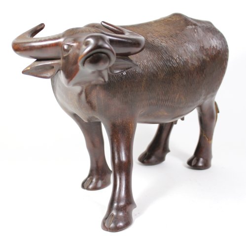 Pair Carved Wood Water Buffalo - Image 2 of 6