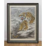 Framed Chinese Watercolor on Silk, Tiger