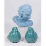 Deco Ceramic Blue Bust & 2 Turquoise Birds