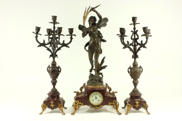 19th Century Rouge Marble Spelter 3-Pc Clock Set