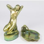 2 Zsolnay Iridescent Green Figures with Tray