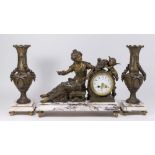 3-Pc French White Metal & Marble Figural Clock Set