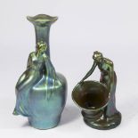 2 Zsolnay Iridescent Green Figural Vases