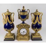 3-Pc Dore Bronze & Cobalt Blue Porcelain Clock Set