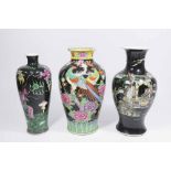 3 Chinese Black Ground Porcelain Vases