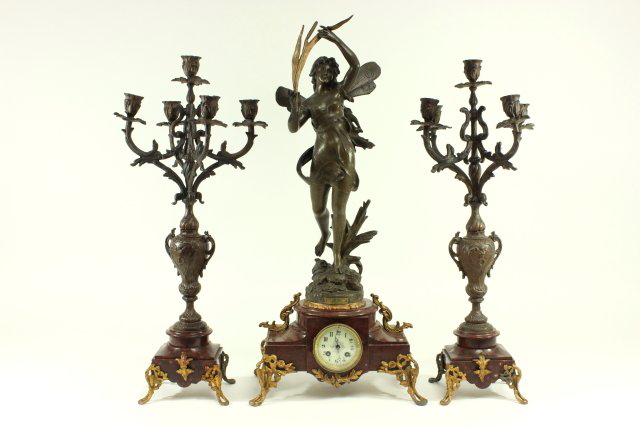 19th Century Rouge Marble Spelter 3-Pc Clock Set - Image 2 of 22