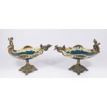 Pair of Bronze Mounted Majolica Figural Compotes