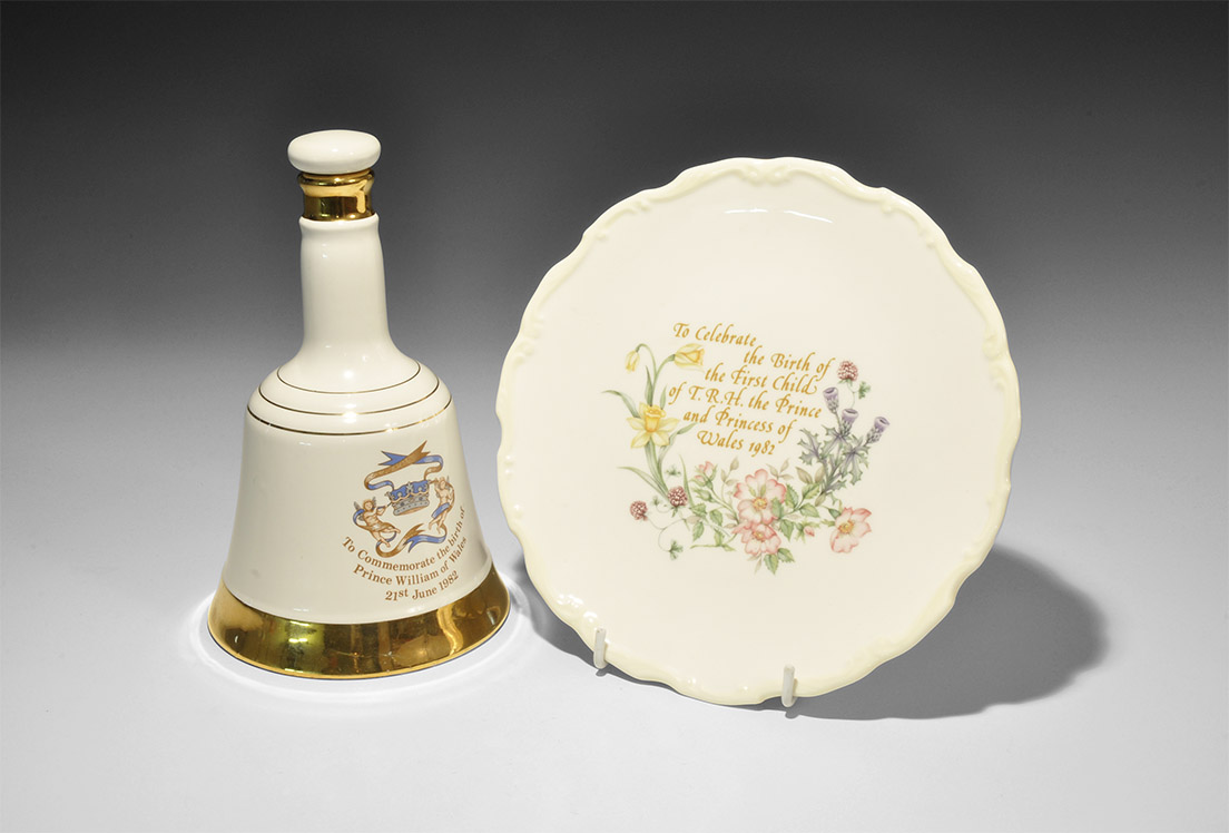 Vintage Prince William Birth 1982 Commemorative Bell's Whisky Decanter and Plate Group