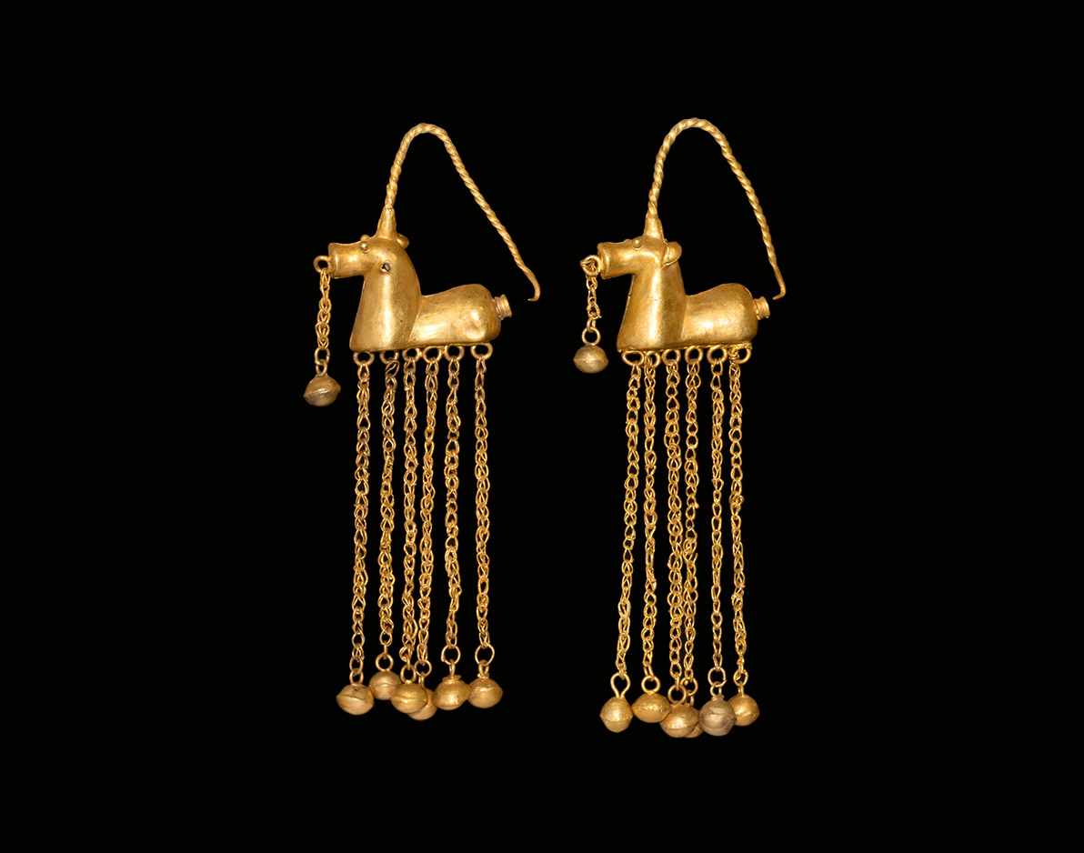 Greek Gold Horse Earrings with Dangles