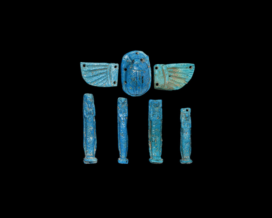 Egyptian Winged Scarab and Four Sons of Horus Set