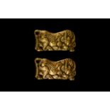 Chinese Ordos Oxen Buckle Plate Pair