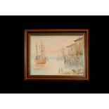 Vintage Harbour Scene Oil Painting by J. Martin