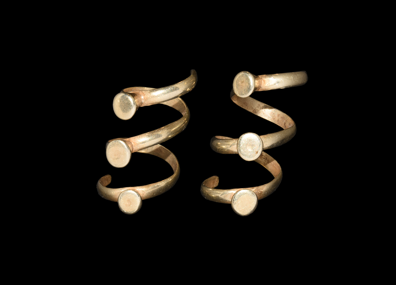 Greek Gold Turreted Hair Braid Ring Pair