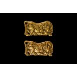 Chinese Ordos Oxen Buckle Plate Pair