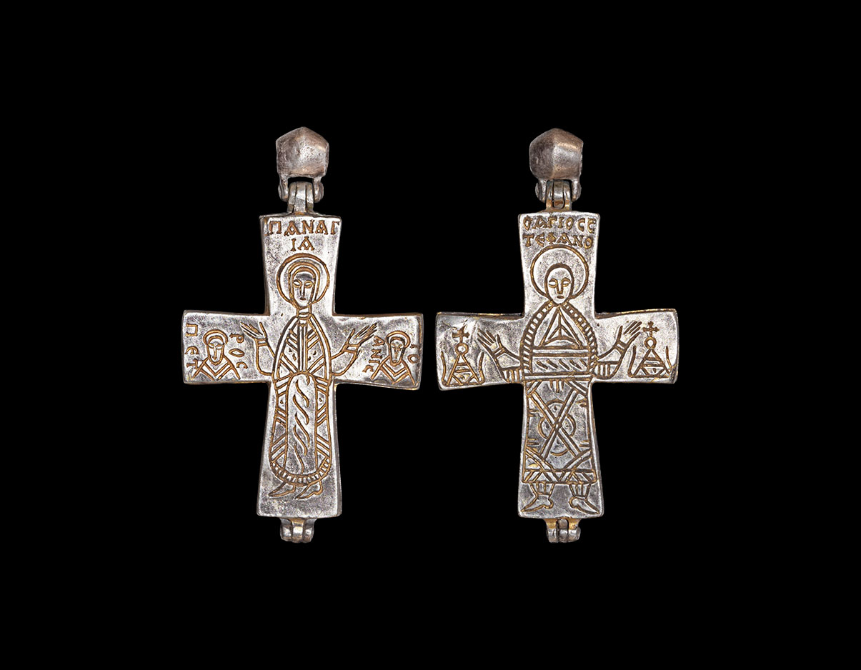 Byzantine Gilt Engraved Reliquary Cross Pendant