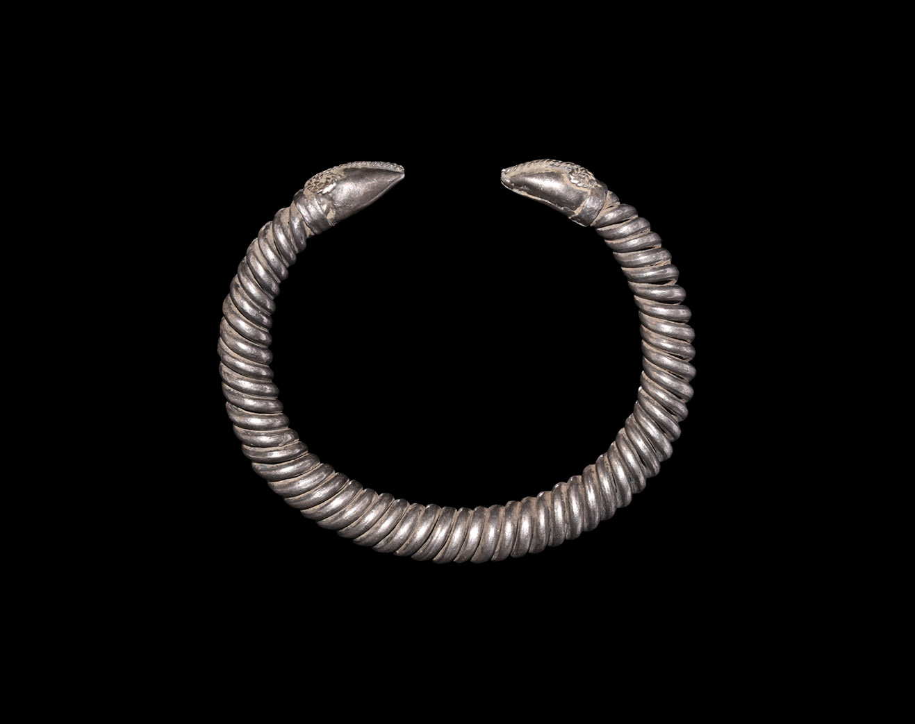 Greek Silver Bracelet with Rams Head Terminals