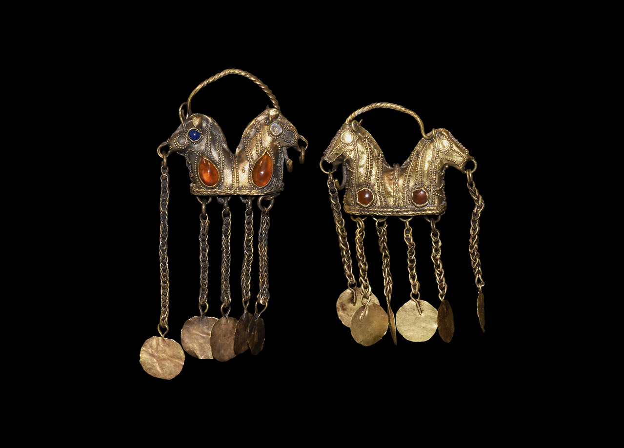 Eastern Greek Gold Double Horse Earrings