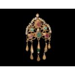 Gold Brooch with Emeralds and Rubies