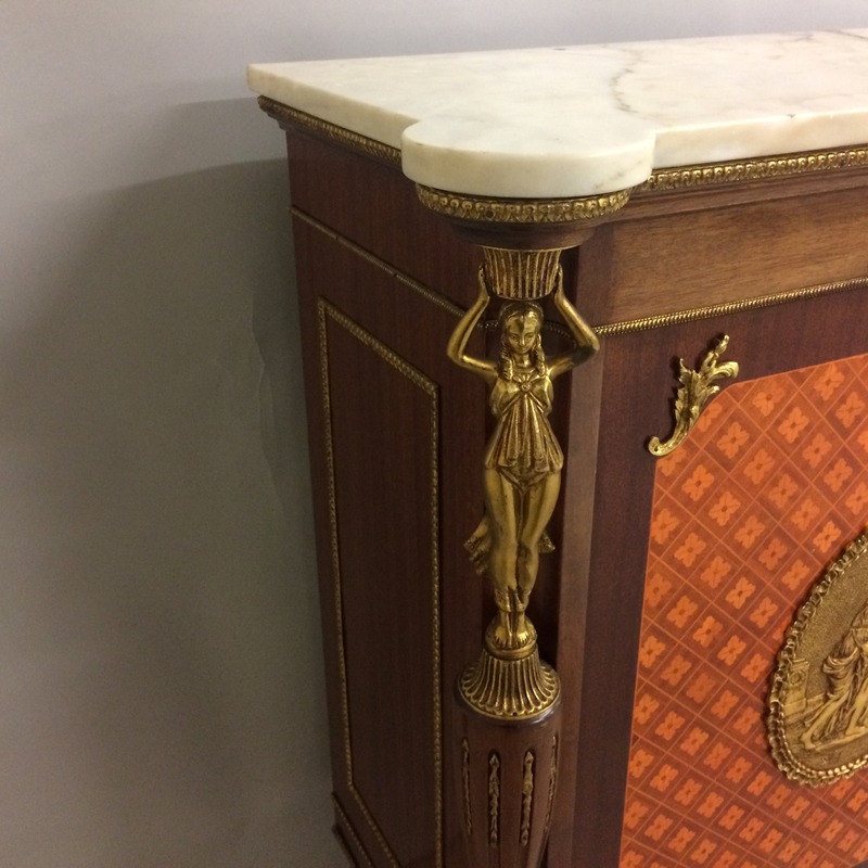 A French style Ormulu marble top side cupboard with gilt figures, two doors and on brass supports - Image 9 of 10