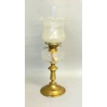 Twin burner brass oil lamp with flue and glass light shade 45cm tall