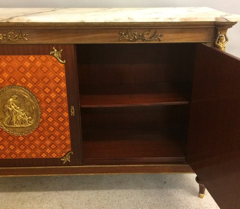 A French style Ormulu marble top side cupboard with gilt figures, two doors and on brass supports - Image 10 of 10