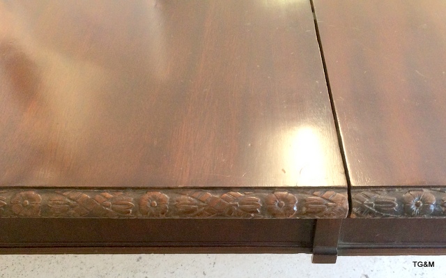 Warring and Gillows mahogany extending dining table on tapered legs with brass casters, carved - Image 9 of 10