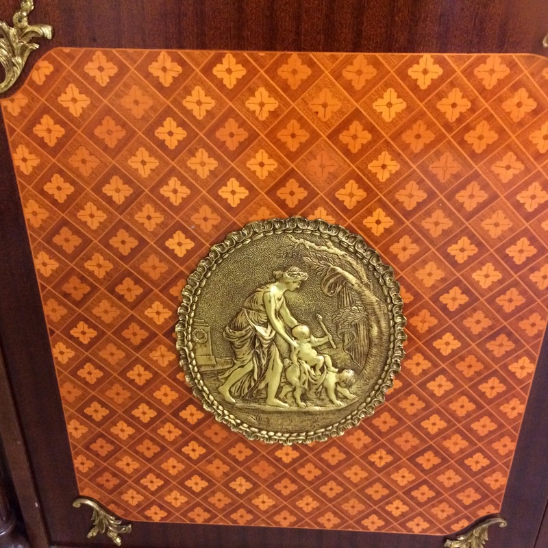 A French style Ormulu marble top side cupboard with gilt figures, two doors and on brass supports - Image 7 of 10