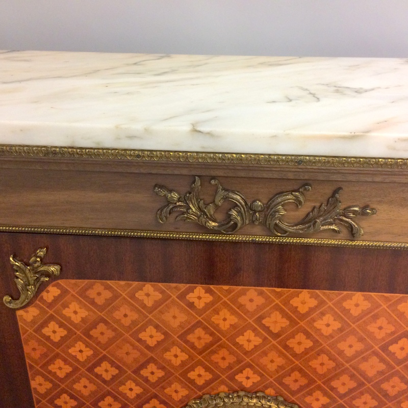 A French style Ormulu marble top side cupboard with gilt figures, two doors and on brass supports - Image 5 of 10