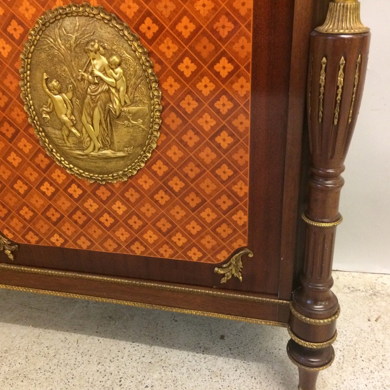 A French style Ormulu marble top side cupboard with gilt figures, two doors and on brass supports - Image 2 of 10