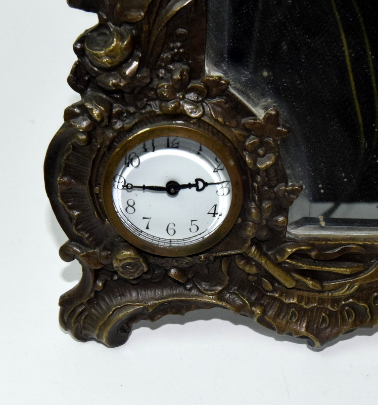 An Art Deco style bronze easel back mirror with clock - Image 2 of 5