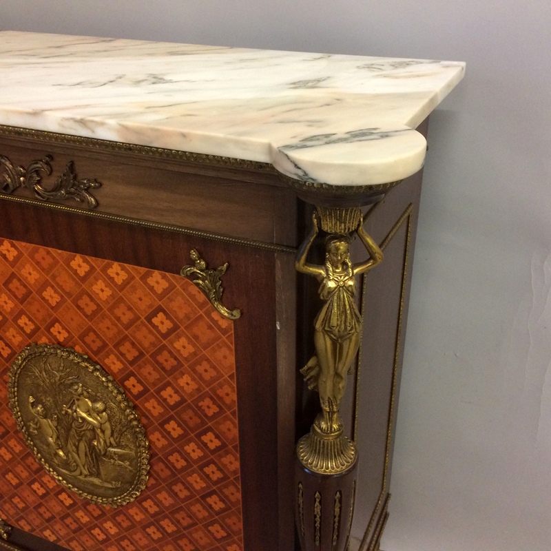 A French style Ormulu marble top side cupboard with gilt figures, two doors and on brass supports - Image 3 of 10