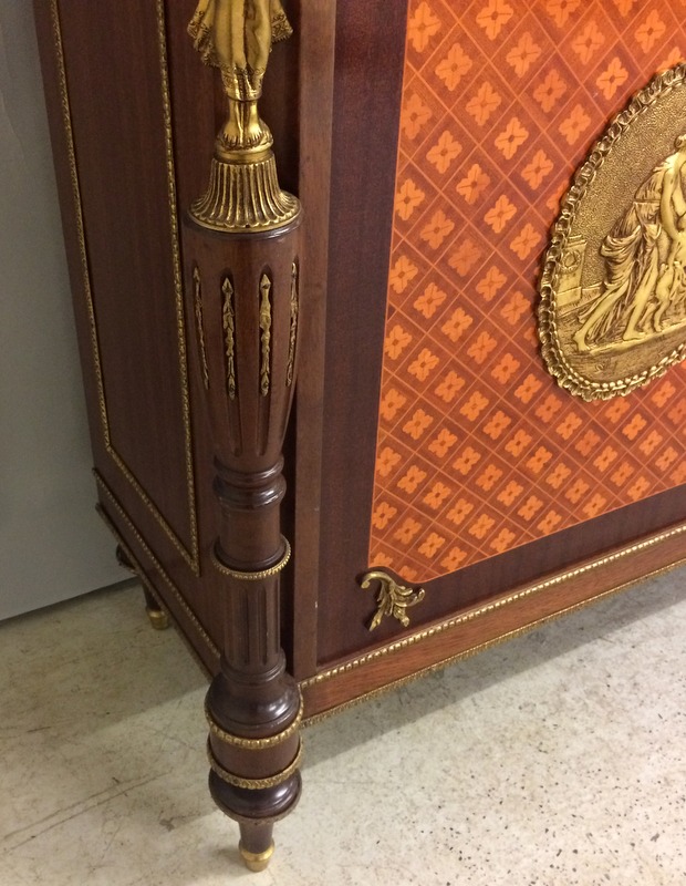 A French style Ormulu marble top side cupboard with gilt figures, two doors and on brass supports - Image 8 of 10