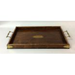 Edwardian inlaid two handled tea tray with brass mounts and corner edging