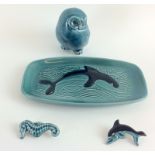 Poole pottery owl, dolphin oblong pin dish and pair Poole pottery broaches