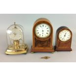 Mahogany dome shape inlaid mantle clock with key and another similar , together a Lynze cased