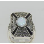 Silver deco style ring with marcasite and central opal