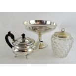 3pcs silver plate, MOD comport by Gladwin ltd, glass humidor by JD&S 1890, Pearce and son tea pot