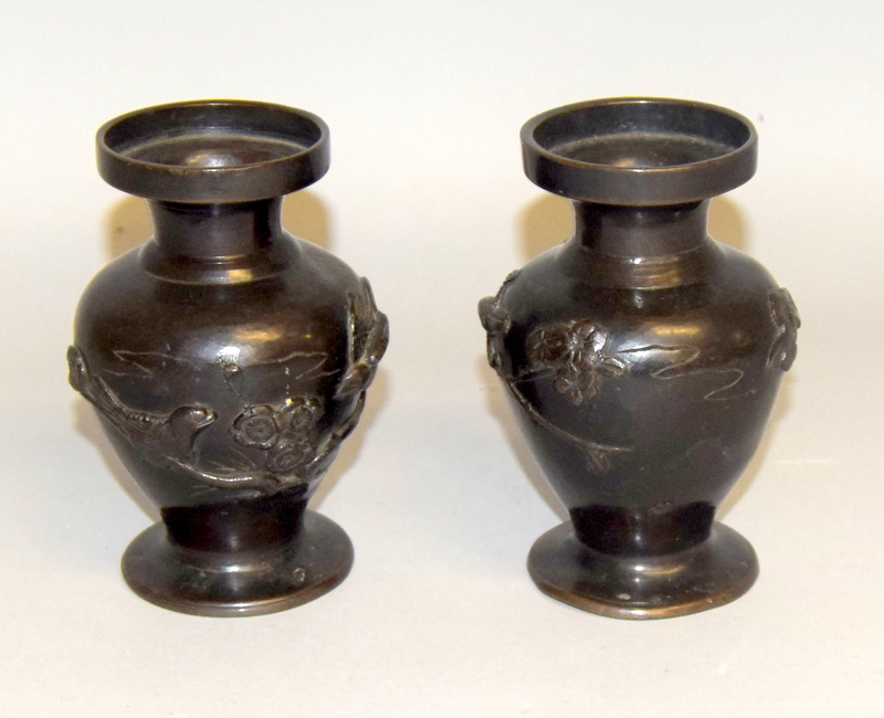 Pair oriental bronze vases with marks to the base 13cm tall