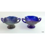 Pair of blue Carnival glass twin handled bon bon dishes