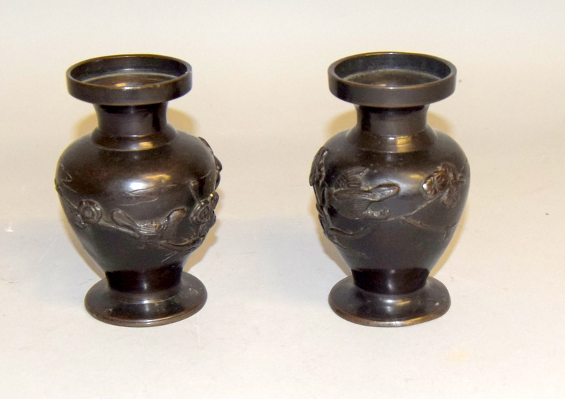 Pair oriental bronze vases with marks to the base 13cm tall - Image 8 of 8
