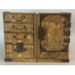 2 part jewellery /table top cupboard with internal draws ,lacquer with parquetry decoration