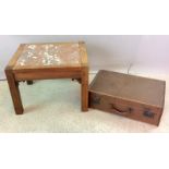 Marble topped square coffee table and a vintage suit case