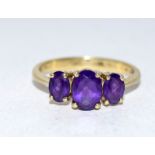 9ct gold ladies 3 stone amethyst ring size S