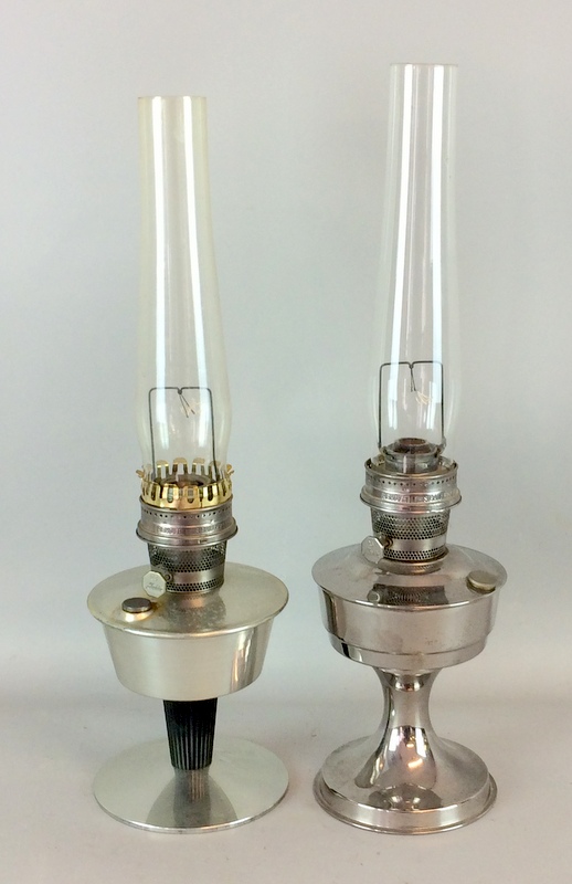 Pair polished aluminium oil lamps with glass flues