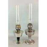 Pair polished aluminium oil lamps with glass flues