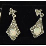 a pair of silver marcasite and opal art deco style earrings