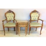 Pair of stud back dining chairs and a nest of 3 tables