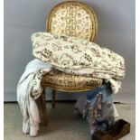 Gilt decorated chair with pair of lined curtains 155cm drop by 360cm width