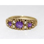 9ct gold ladies antique set diamond and amethyst ring size K